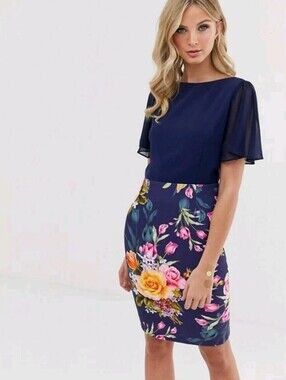 NWT•Paper Dolls London Navy Floral Pencil Dress with Flutter Sleeves• SZ6 🌸💙🌼